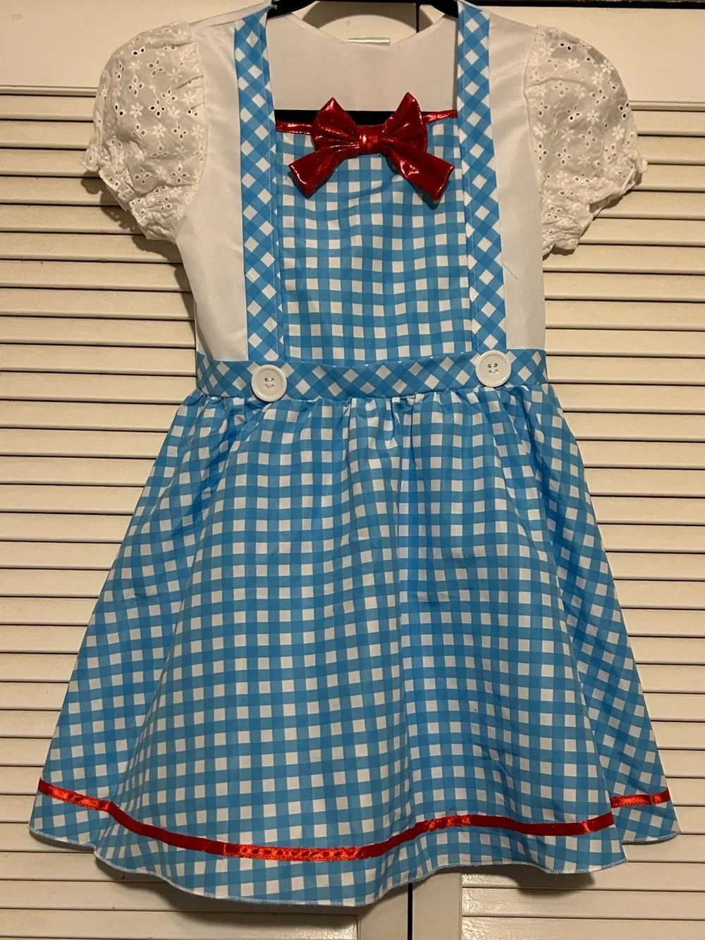 Kali Blue and White Gingham Dress with Shiny Red Bow